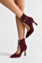 Caren Women's Suede Burgundy Pointed Toe Thin Heeled Belt Detailed Windowed Stylish Boots & Stiletto 9 cm Heel - 7