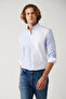 Men's Blue 100% Cotton Button-Down Collar Striped Embroidered Slim Fit Shirt A41Y2206 - 3