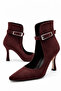 Caren Women's Suede Burgundy Pointed Toe Thin Heeled Belt Detailed Windowed Stylish Boots & Stiletto 9 cm Heel - 5