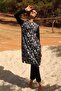Women's Beige Patterned Full Covered Hijab Swimsuit Long 2-Piece Set U-050 - 3