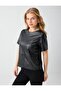 Black Round Neck Short Sleeve Leather Look Blouse - 4