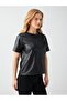 Black Round Neck Short Sleeve Leather Look Blouse - 5