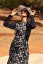 Women's Beige Patterned Full Covered Hijab Swimsuit Long 2-Piece Set U-050 - 2