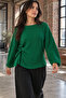 Women's Green Crew Neck Soft Textured Batwing Sleeve Tie Front Blouse Arm-26K001021