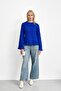 Cobalt Blue Waist and Cuff Ruffled Knit Sweater - 2