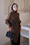 Brown Asymmetrical Cut Belted Soft Knit Sweater - 4