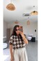 Brown Diamond Patterned Collared Short Sleeve Knitwear Blouse - 3