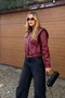 Burgundy Textured Leather Jacket with Epaulettes - 5168 - 6