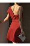 Stretchy Diver Fabric Shoulder Detail Design Belted Mini Evening Dress 582093 Bordo - 3