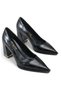 Julya Black Vegan Leather Women's Shoes with Gold Buckle Detail, Thick Heel, and Pointed Toe.