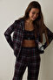 Black Kuromi Printed Checkered Oversized Cotton Long Sleeve Shirt Pajama Set - 3