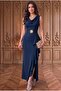 Double-Breasted Collar Women's Flounced Slit Square Stone Belted Navy Blue Wedding and Engagement Evening Dress