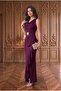 Double-Breasted Collar Women's Flounced Slit Square Stone Belted Plum Wedding and Engagement Evening Dress - 3