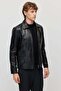 Men's Leather Coat with Zipper and Pocket - 5