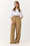 Milky Brown Woven Fabric High-Waisted Elastic Comfortable Cut Wide-Leg Trousers - 2