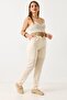 Beige Linen Fabric High Waist Comfortable Cut Casual Trousers with Belt and Half Lining - 4