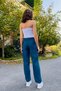 Blue Lycra Knitted Fabric High Waist Straight Cut Comfortable Form-Fitting Trousers with Front Stitching Detail - 7