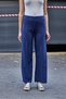Navy Blue Lycra Knitted Fabric High Waist Stitching Detailed Wide Leg Comfortable Fit Pants - 5