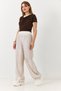 Beige Patterned Woven Fabric Elastic Waist Loose Fit Comfortable Wide Leg Trousers