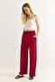 Burgundy Wrinkled Textured Striped Wide-Leg Pants with Elastic Waist and Adjustable Comfortable Cut - 3