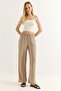 Mink Wrinkled Textured Elastic High Waist Comfortable Cut Longitudinal Striped Wide Leg Trousers - 4
