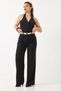 Black Woven Fabric High Waist Wide Leg Pleated Palazzo Pants with Pockets - 3