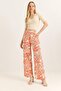 Orange Viscose Fabric High Waist Thick Belted Wide Leg Patterned Comfortable Cut Pants - 2