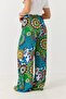 Green Viscose Fabric Elastic Waist Adjustable Loose Mixed Patterned Self-Belted Trousers - 4