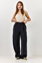 Black Seasonal Textured Fabric High Waist Elastic Adjustable Detailed Comfortable Cut Pants - 2