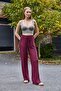 Burgundy Wrinkled Textured Elastic High Waist Loose Cut Flowy Comfortable Fit Pants