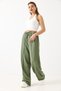 Khaki Linen Textured Elastic High Waist Loose Cut Striped Detailed Casual Trousers - 3