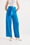 Blue Polyester Fabric High Waist Spanish Leg Pants with Belt Detail Comfortable Fit