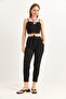Black Wrinkled Knitted Fabric Elastic High Waist Comfortable Cut Pants with Tie Detail