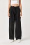 Black Viscose Textured High Waist Loose Cut Pants with Self Belt and Side Pockets - 2