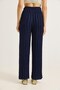 Navy Blue Cotton Stretch Fabric High Waist Wide Leg Pleated Tie-Waist Trousers - 4
