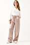 Beige Satin Fabric Elastic Waist Lace-Up Loose Cut Wide Leg Pants