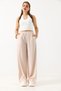 Cream Linen Look Elastic High Waist Loose Cut Casual Trousers with Stone Detail