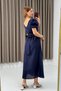 Navy Blue Linen Textured V-Neck Waist-Tied Button Detailed Short Balloon Sleeve Dress - 3