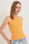 Orange Ribbed Camisole Fabric Thin Straps Crew Neck Slim Fit Stretchy Knitted Blouse - 2