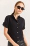 Black Muslin Soft Textured Shirt with Collar, Short Sleeves, Buttoned, Flexible Use, Comfortable Cut Shirt - 2