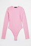 Pink Stretchy Textured Crew Neck Long Sleeve Ribbed Knitted Blouse Body with Snap Buttons at the Bottom - 2