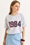 Gray Stretch Fabric Crew Neck Drop Shoulder Oversize Nineteen Eighty Four Printed T-Shirt - 5