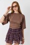 Brown Crew Neck Bat Sleeve Comfortable Fit Knitted Blouse with Gathered Side Detail - 4