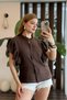 Brown Stretchy Textured High Neck Buttoned Modern Cut Blouse with Ruffle Detail on the Shoulders