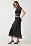 Black Satin Fabric, Elastic Waist, Comfortable Cut, Long Skirt with Guipure Detail at the Hem