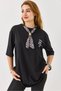 Black Cotton Crew Neck Drop Shoulder Oversize Knitted T-Shirt with Scarf and Lettering Embroidery Detail
