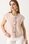 Beige Woven Fabric Crew Neck Zero Sleeve Relaxed Fit Front Button Detailed Modern Vest - 5