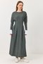 Petrol Blue Striped Long Dress with Pleated Waist Detail and Crew Neckline in Flowy Cut