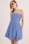 Blue Cotton Woven Strapless Neckline Mini Cutout Backless Detailed Dress