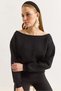 Black Three-Threaded Ribbed Flexible Boat Neck Long Sleeve Sweatshirt with Stone Detail